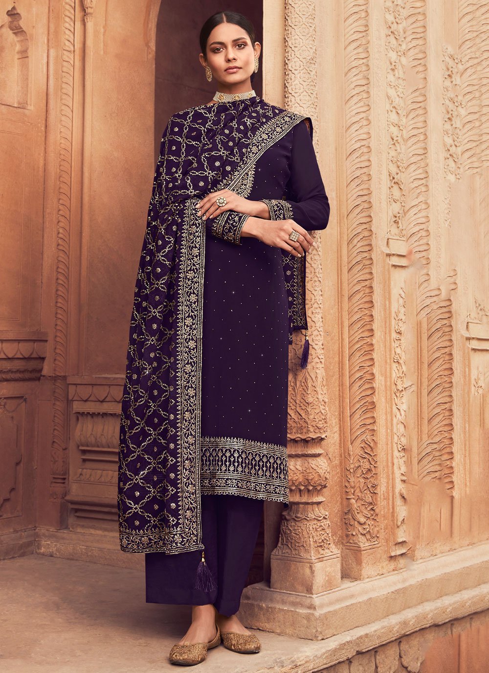 Pakistani Salwar Suit Georgette Purple Embroidered Salwar Kameez