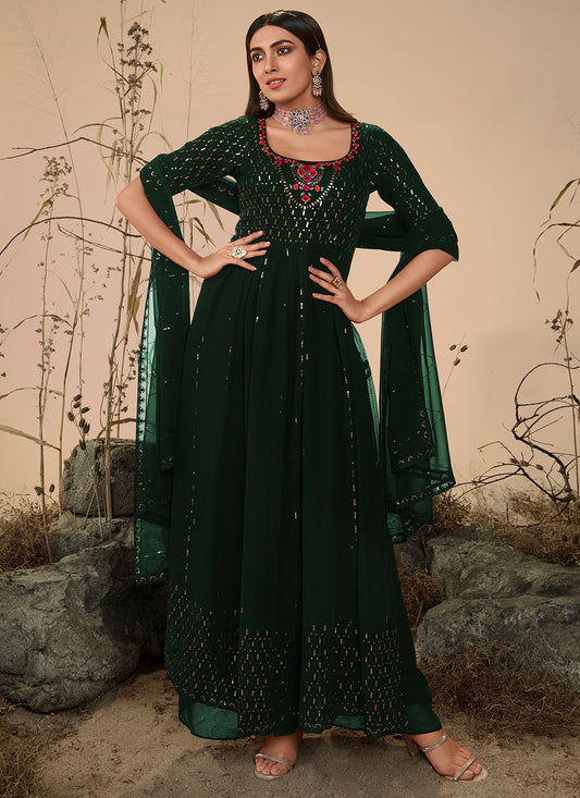 Palazzo Salwar Suit Georgette Green Embroidered Salwar Kameez