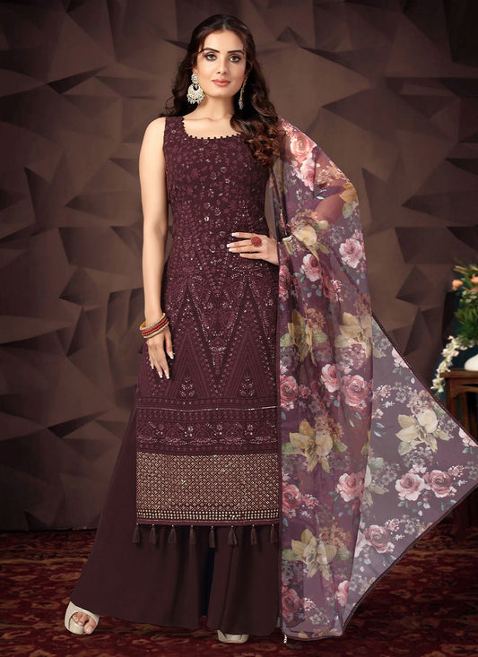 Palazzo Salwar Suit Georgette Maroon Embroidered Salwar Kameez