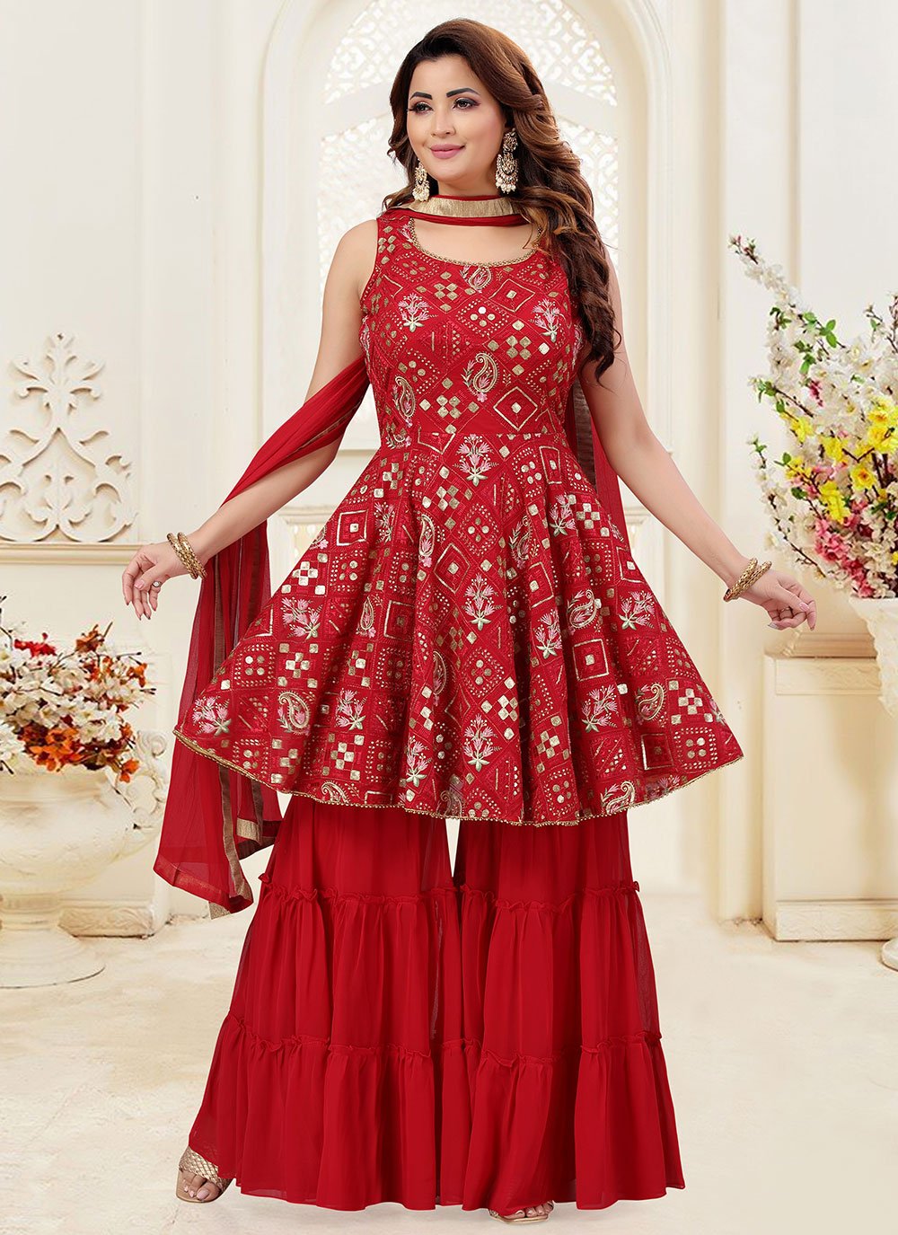 Palazzo Salwar Suit Georgette Red Embroidered Salwar Kameez