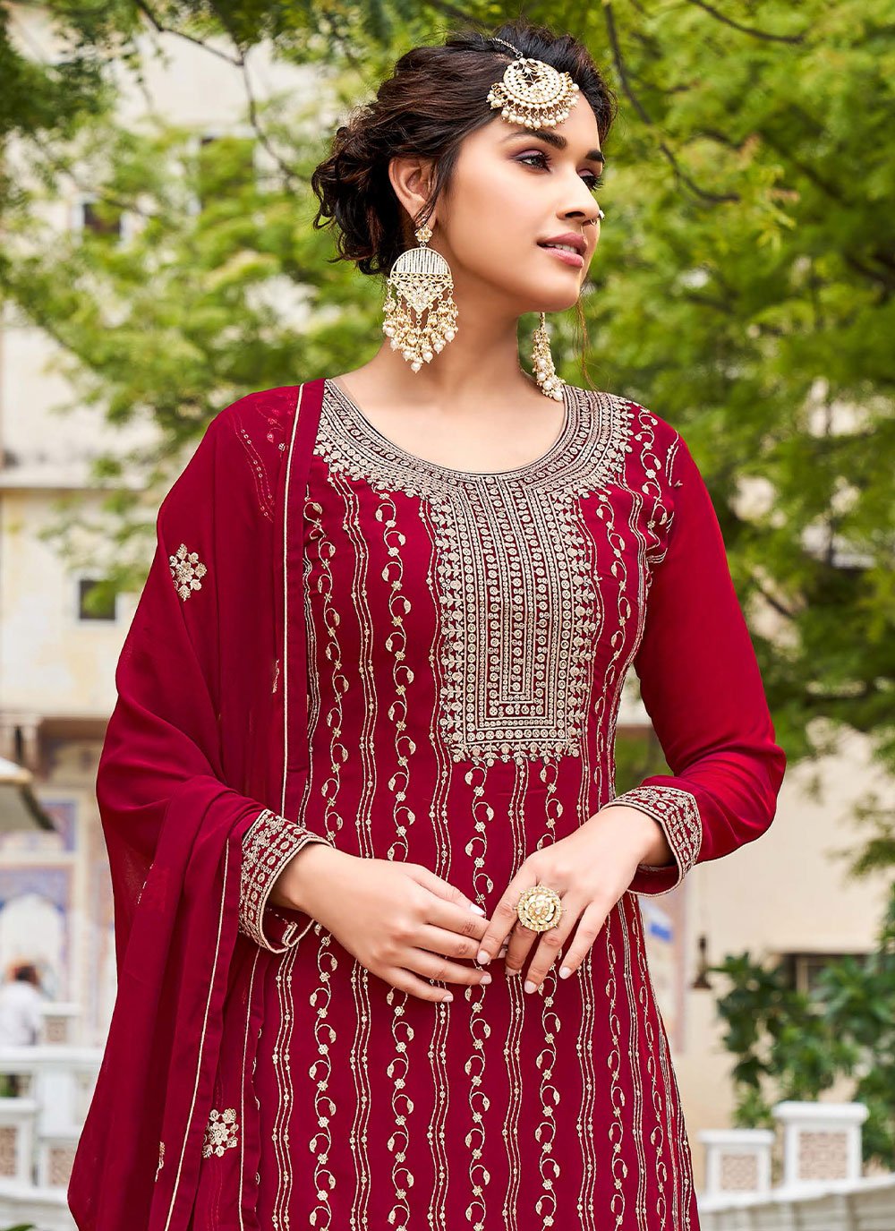 Palazzo Salwar Suit Georgette Maroon Embroidered Salwar Kameez