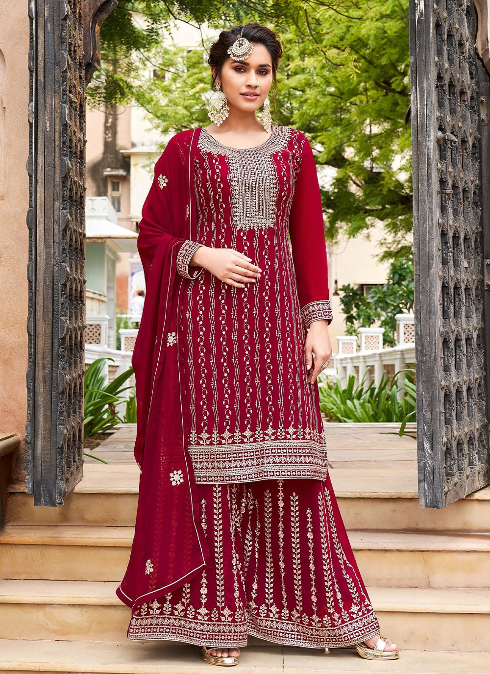 Palazzo Salwar Suit Georgette Maroon Embroidered Salwar Kameez