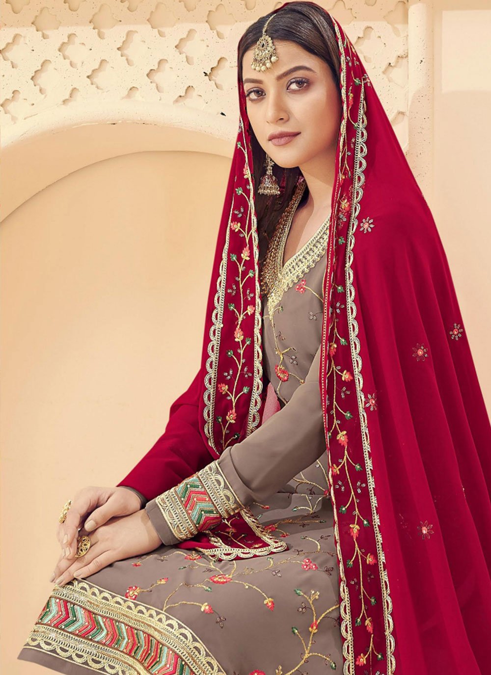 Churidar Suit Georgette Brown Embroidered Salwar Kameez