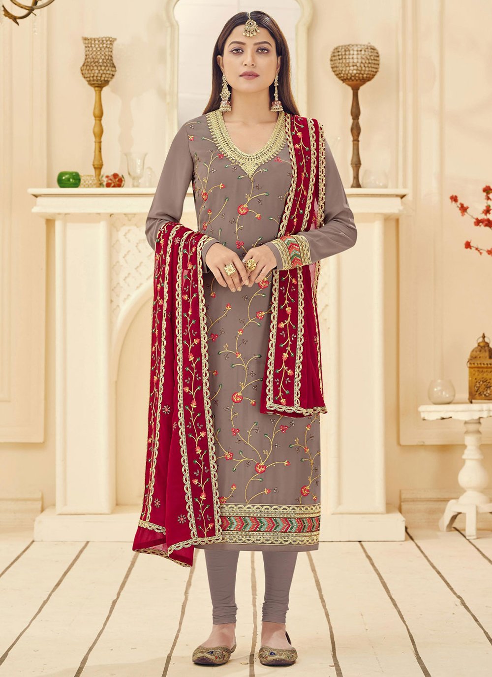 Churidar Suit Georgette Brown Embroidered Salwar Kameez