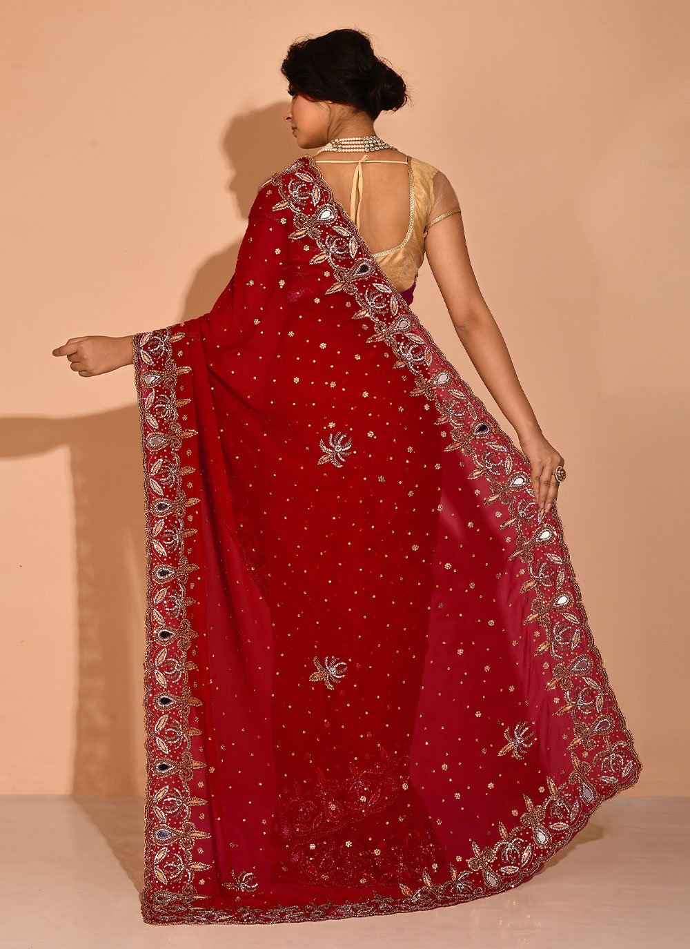 Contemporary Georgette Red Embroidered Saree