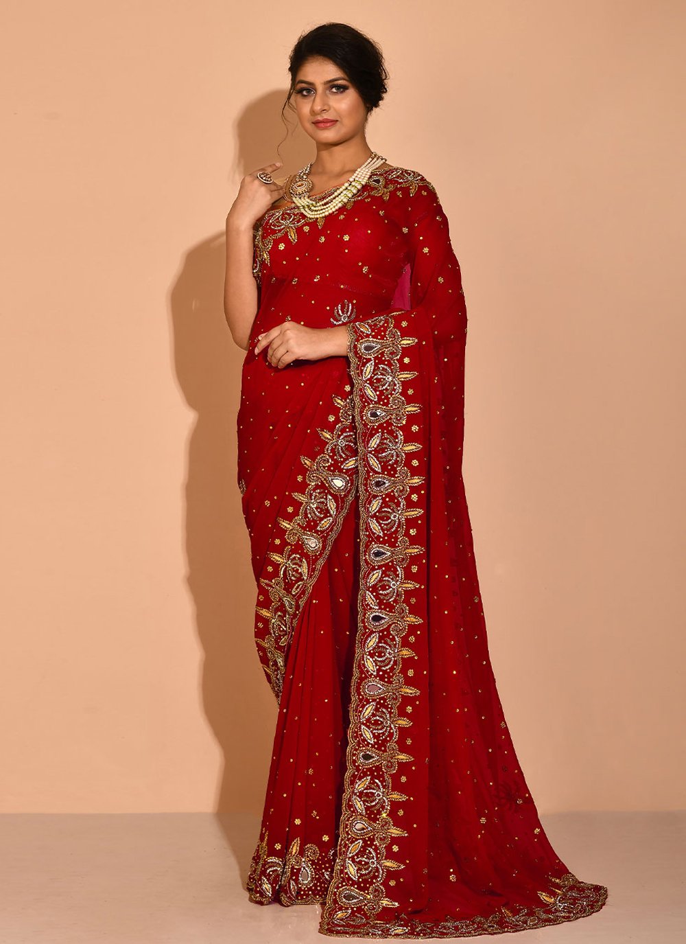 Contemporary Georgette Red Embroidered Saree