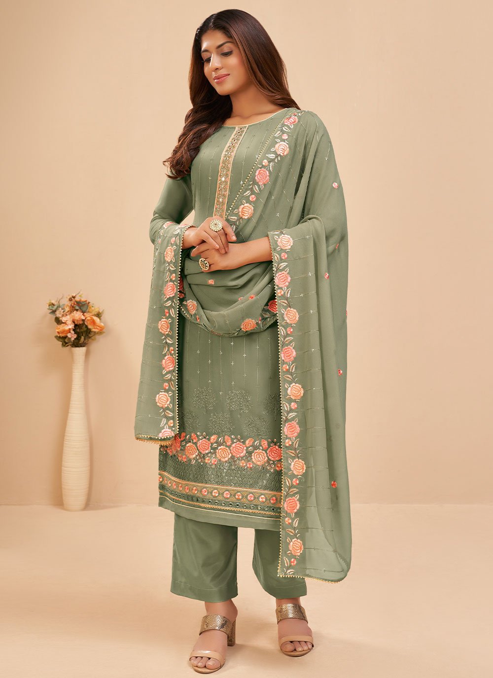 Salwar Suit Georgette Green Embroidered Salwar Kameez