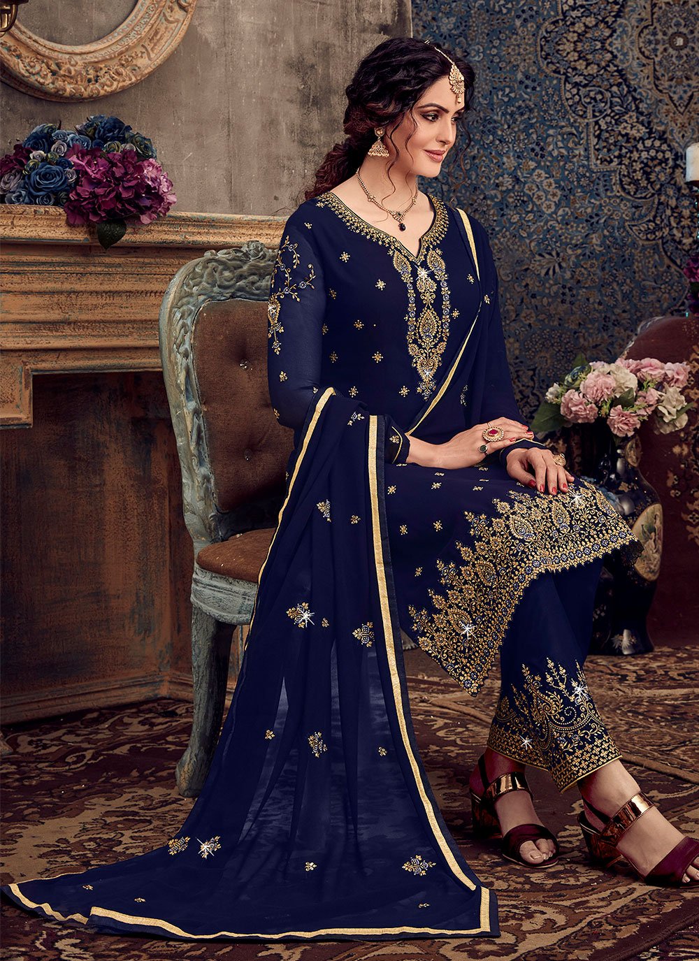 Salwar Suit Georgette Blue Embroidered Salwar Kameez