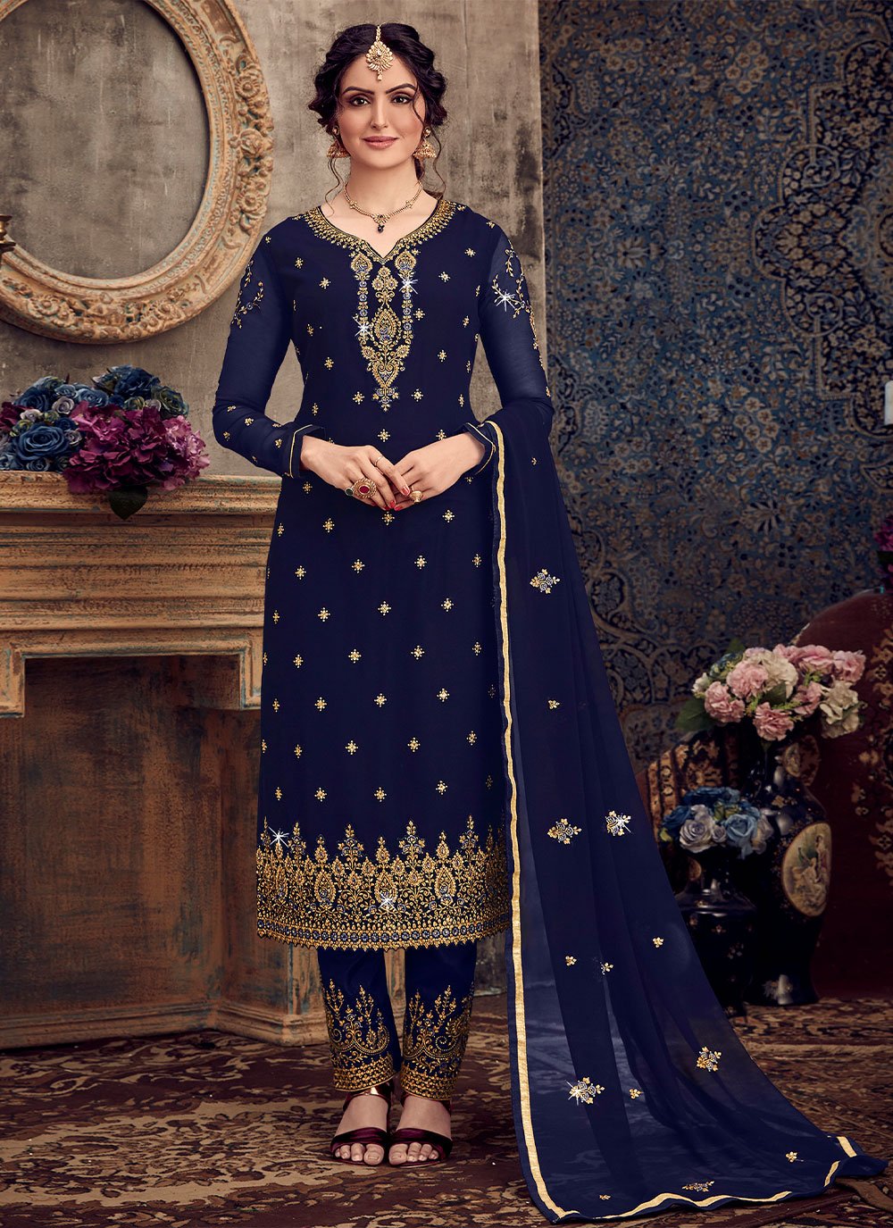 Salwar Suit Georgette Blue Embroidered Salwar Kameez