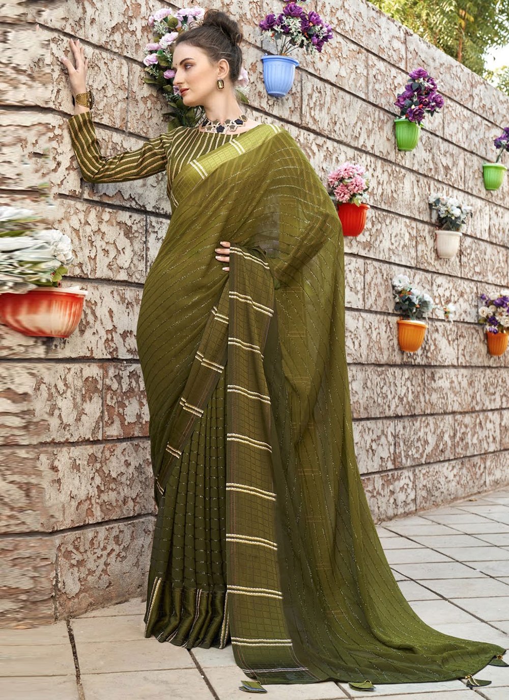 Classic Georgette Viscose Green Patch Border Saree