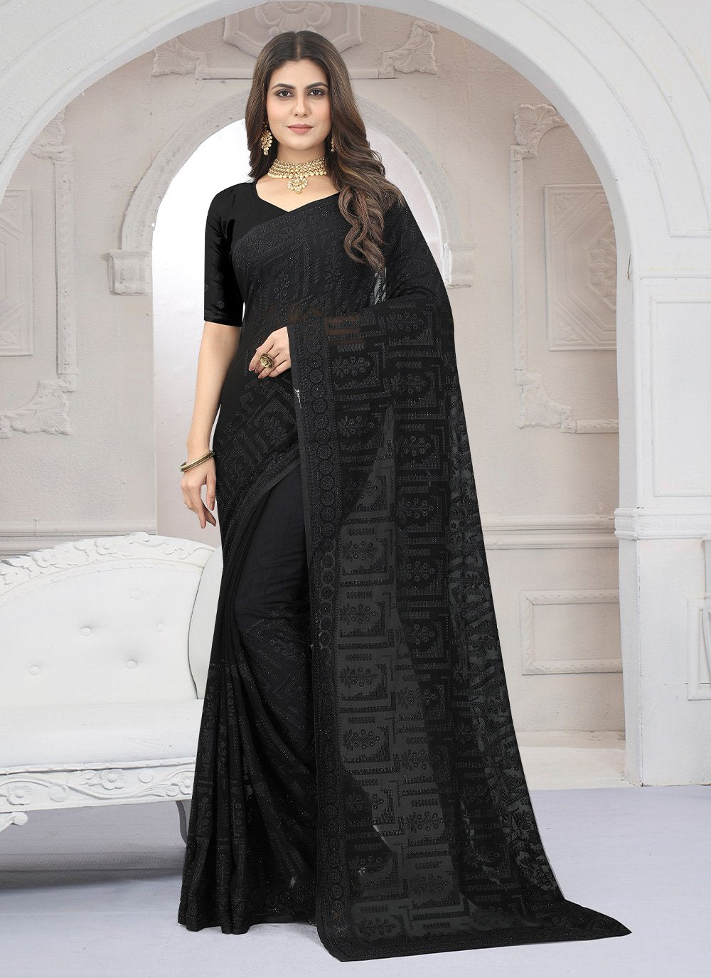 Classic Georgette Black Embroidered Saree