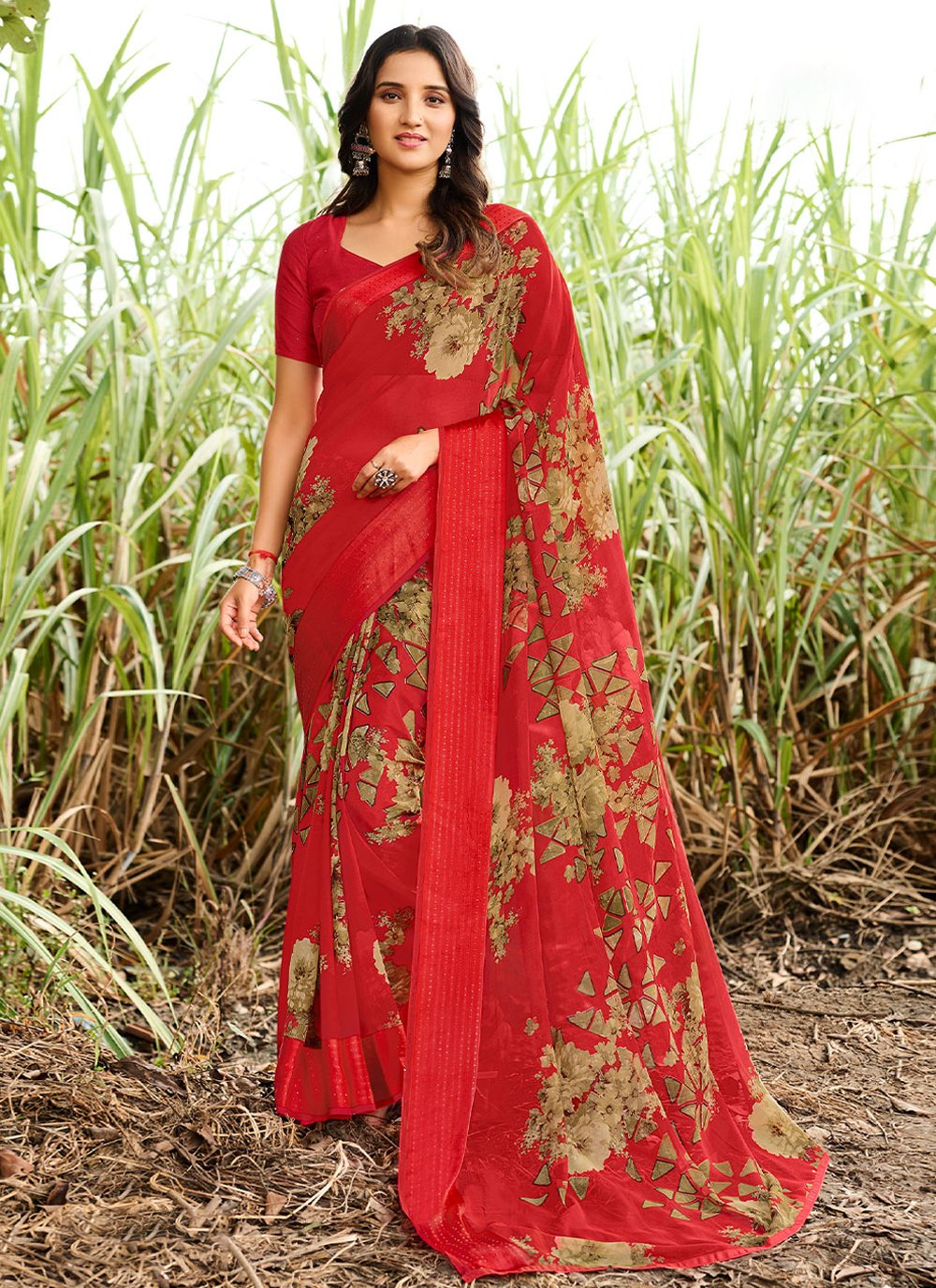 Trendy Saree Georgette Red Patch Border Saree