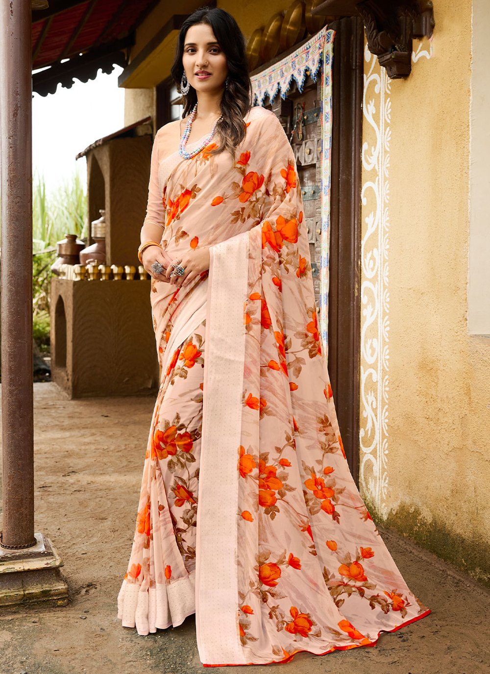 Classic Georgette Peach Patch Border Saree