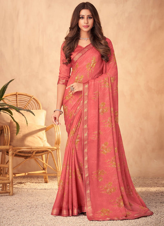 Contemporary Georgette Peach Patch Border Saree