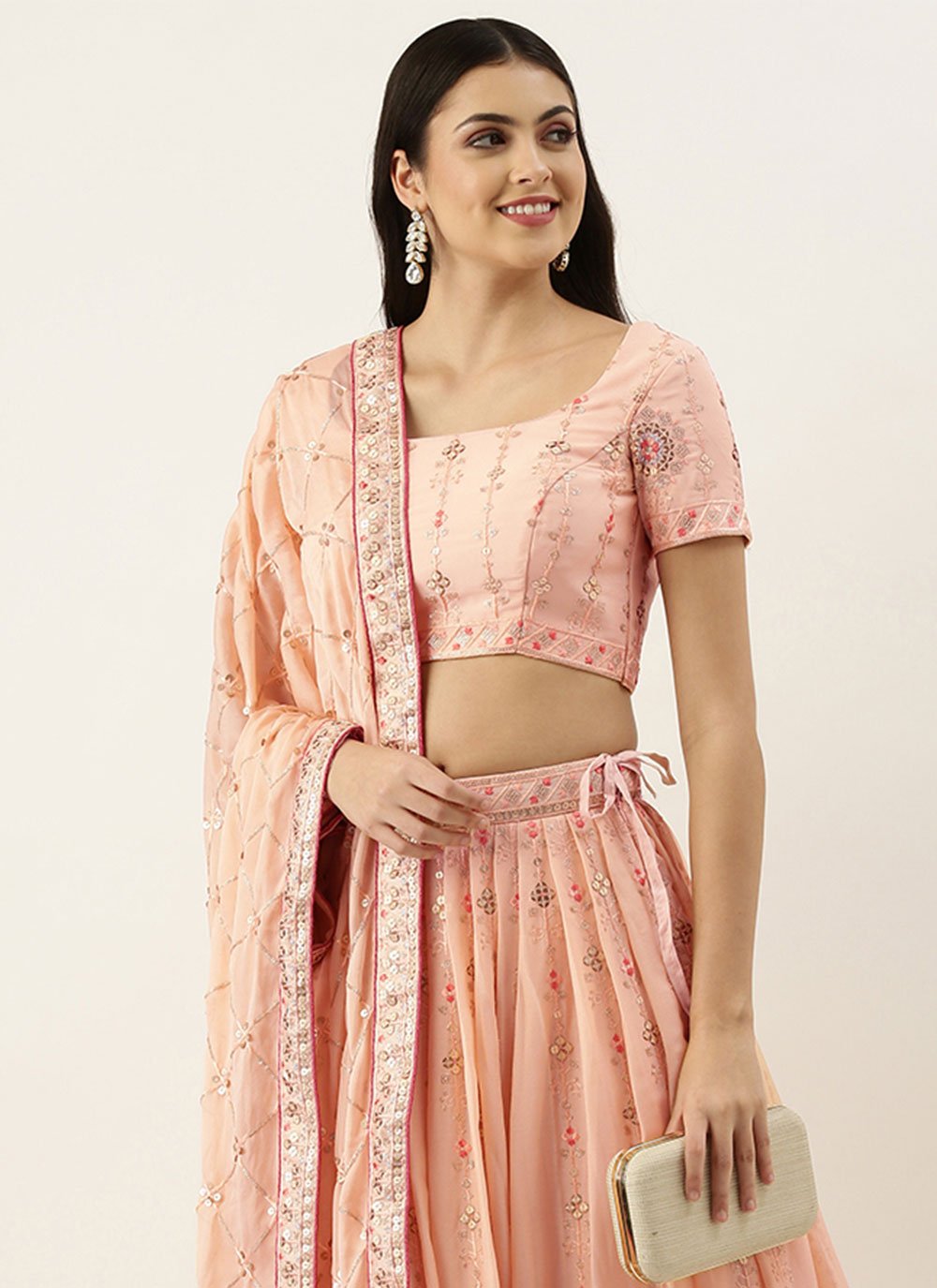 Lehenga Choli Georgette Peach Embroidered Lehenga Choli