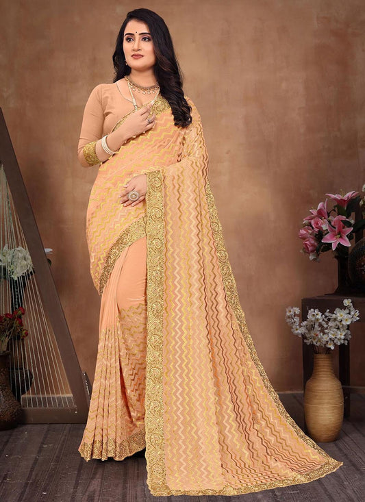 Classic Georgette Peach Lace Saree