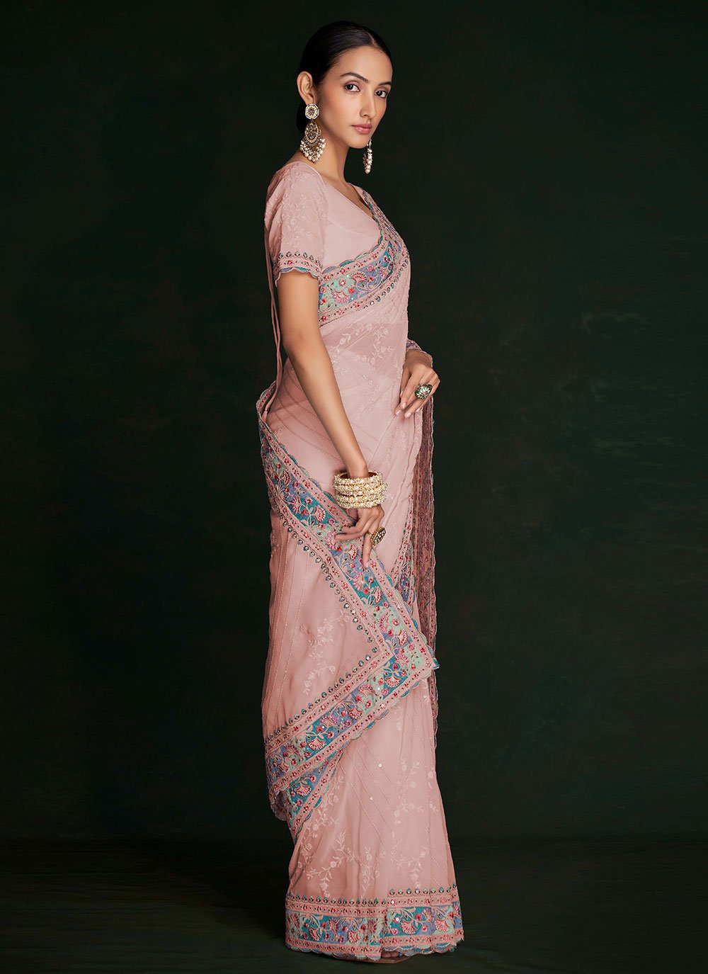 Designer Georgette Peach Lucknowi Work Saree