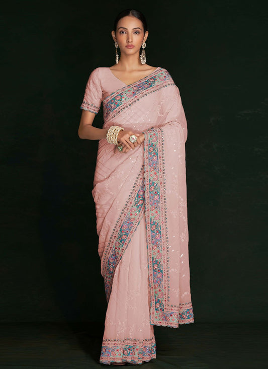 Designer Georgette Peach Lucknowi Work Saree