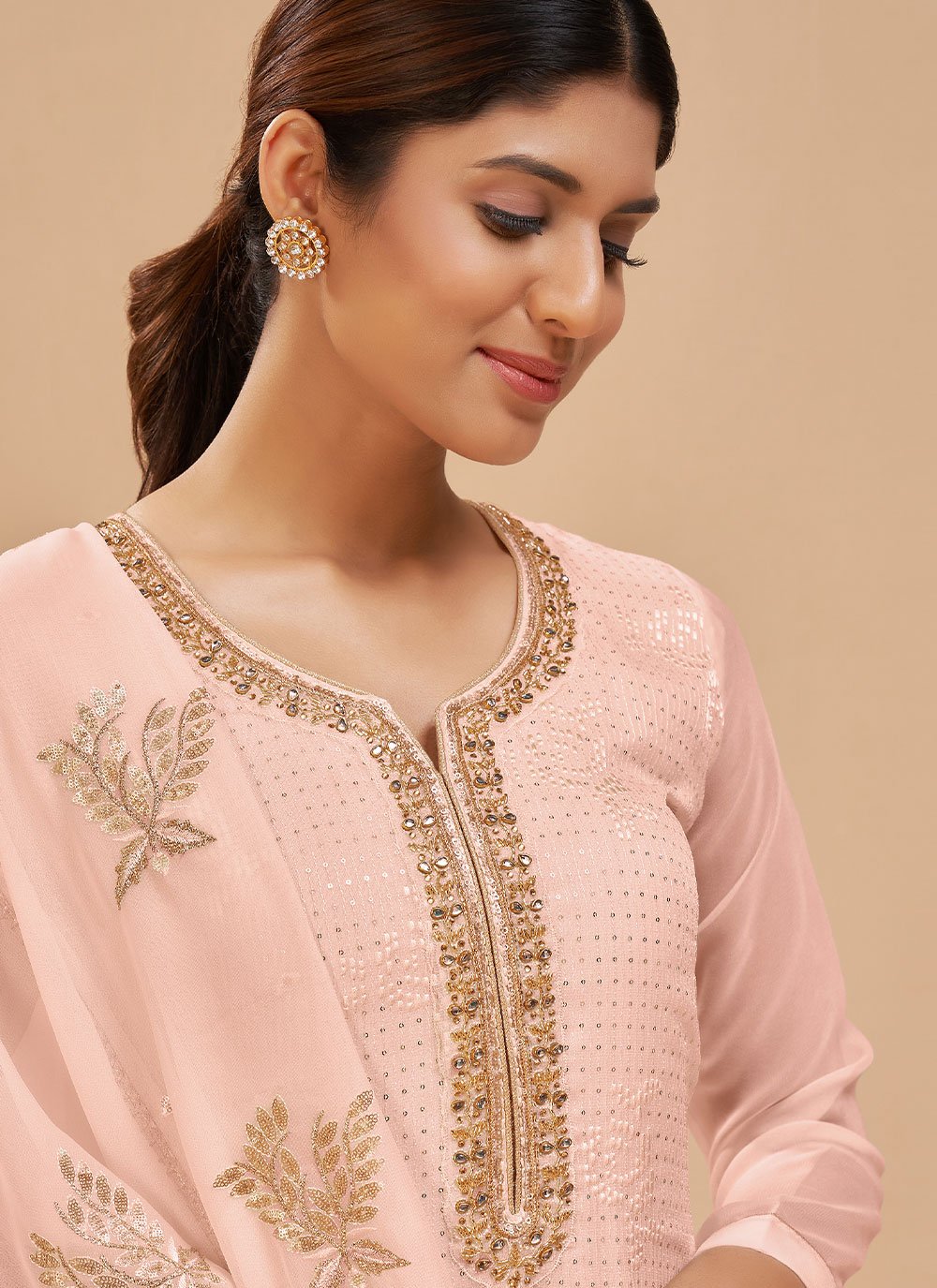 Palazzo Salwar Suit Georgette Peach Embroidered Salwar Kameez