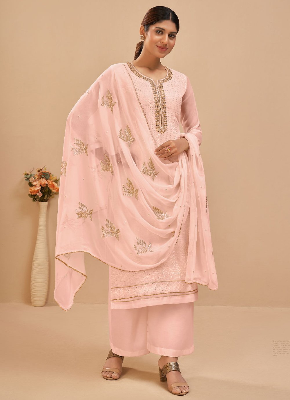 Palazzo Salwar Suit Georgette Peach Embroidered Salwar Kameez