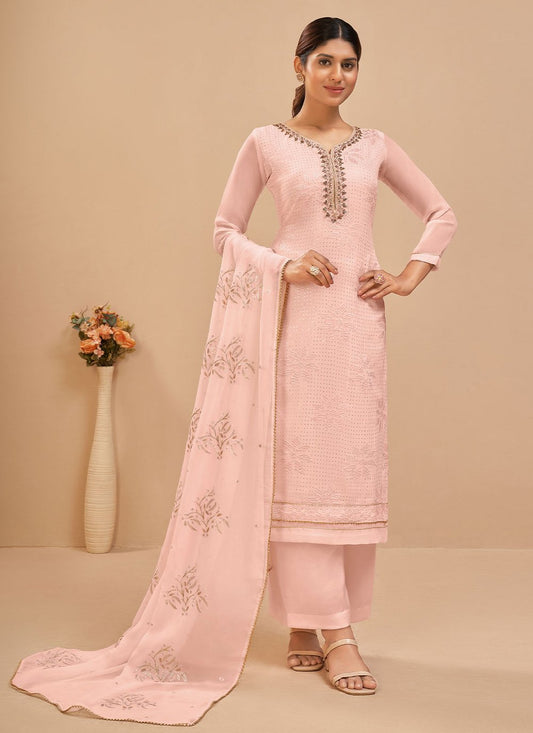 Salwar Suit Georgette Peach Embroidered Salwar Kameez