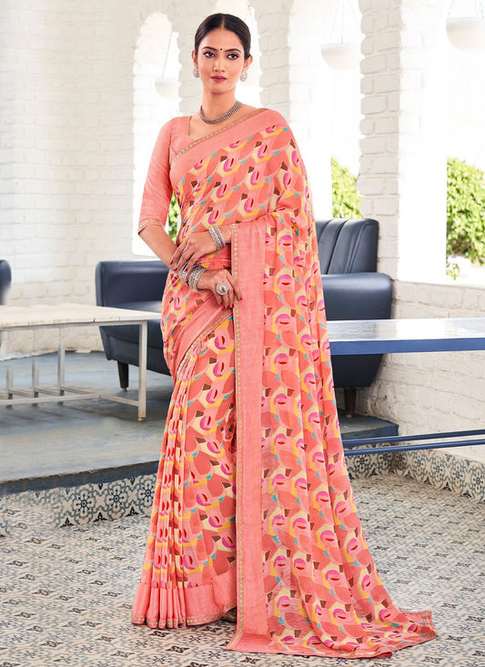 Classic Georgette Peach Patch Border Saree