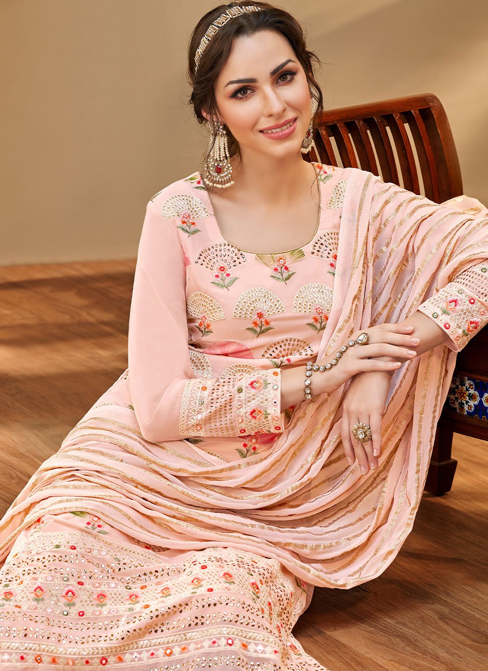 Salwar Suit Georgette Viscose Peach Embroidered Salwar Kameez