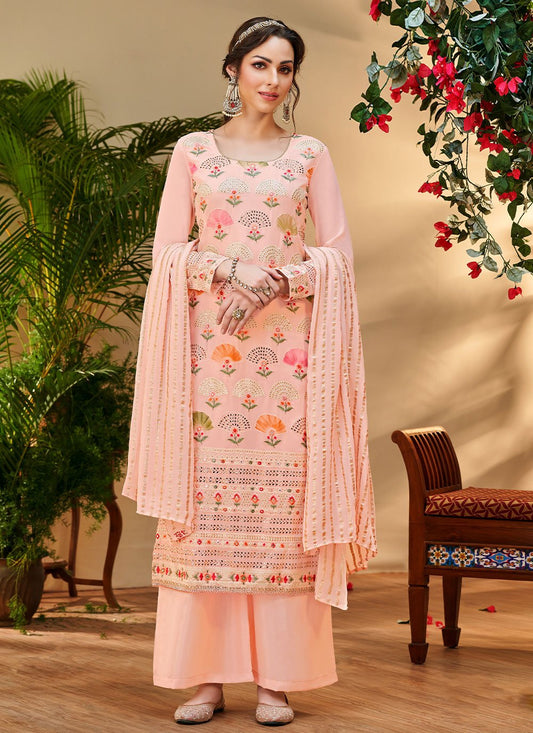 Salwar Suit Georgette Viscose Peach Embroidered Salwar Kameez