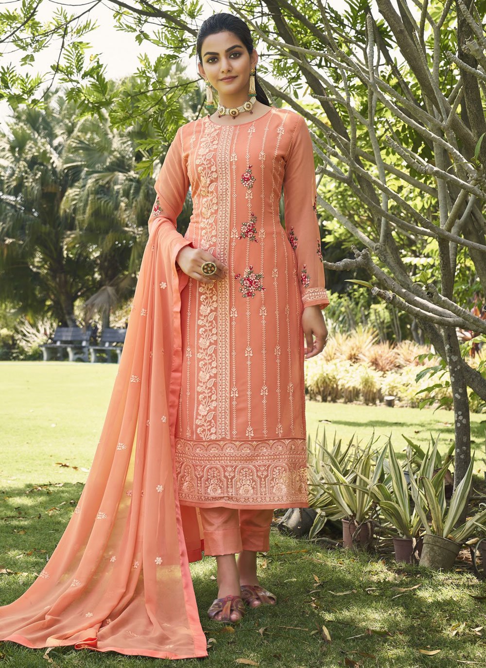 Straight Salwar Suit Georgette Peach Diamond Salwar Kameez