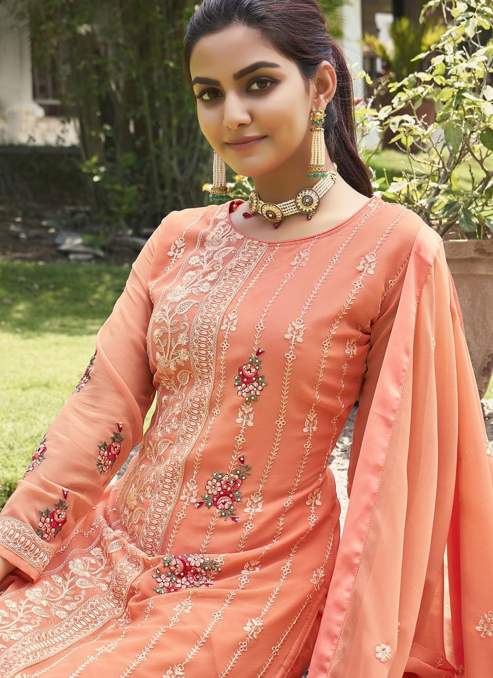 Straight Salwar Suit Georgette Peach Diamond Salwar Kameez