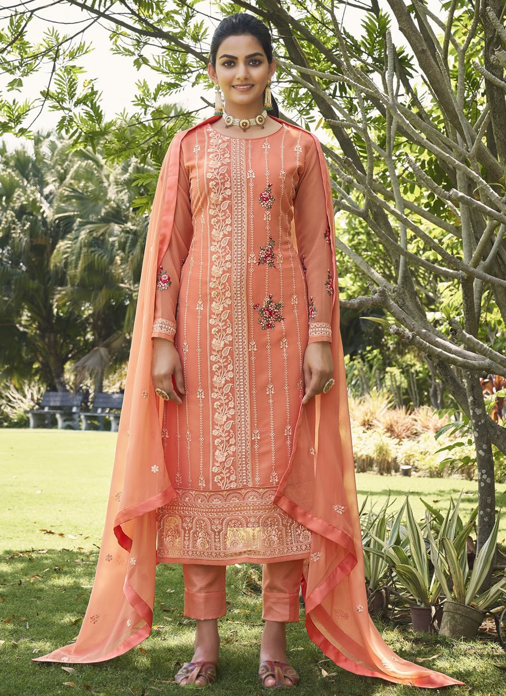 Straight Salwar Suit Georgette Peach Diamond Salwar Kameez