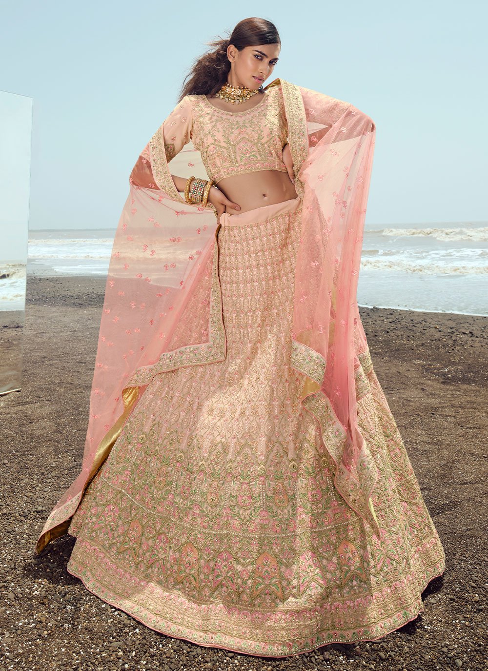 Lehenga Choli Georgette Peach Embroidered Lehenga Choli