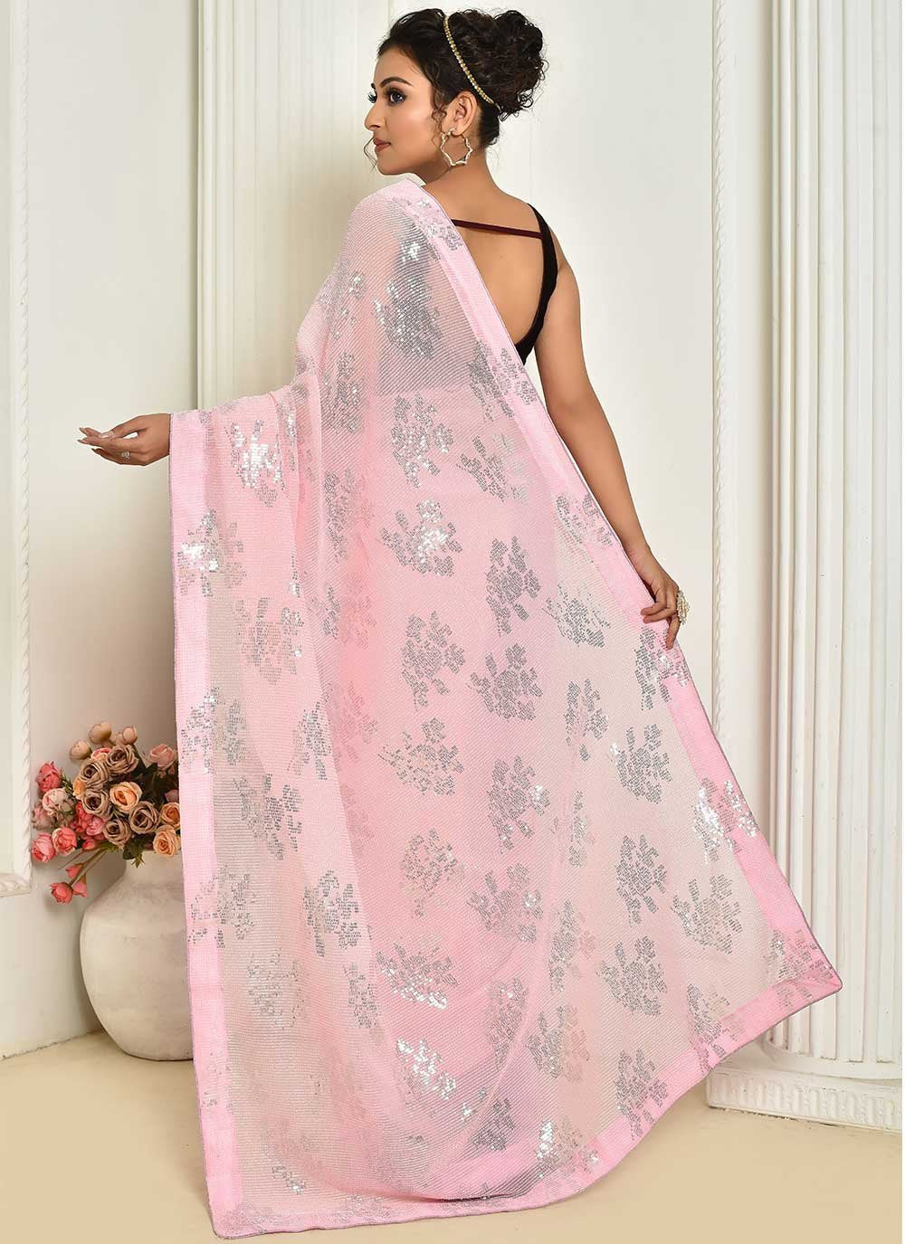 Designer Georgette Pink Embroidered Saree