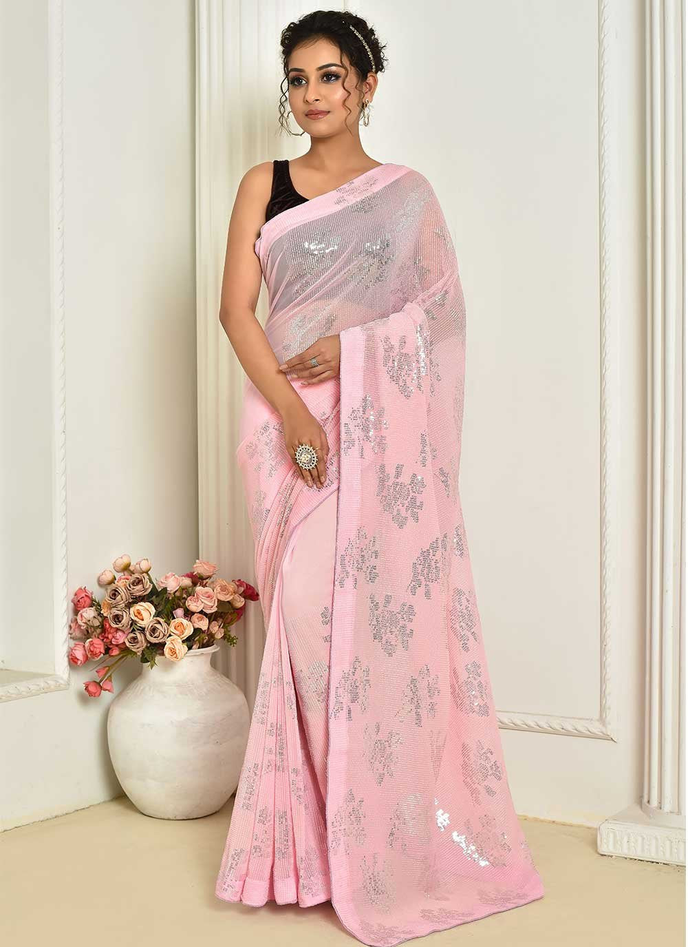 Designer Georgette Pink Embroidered Saree