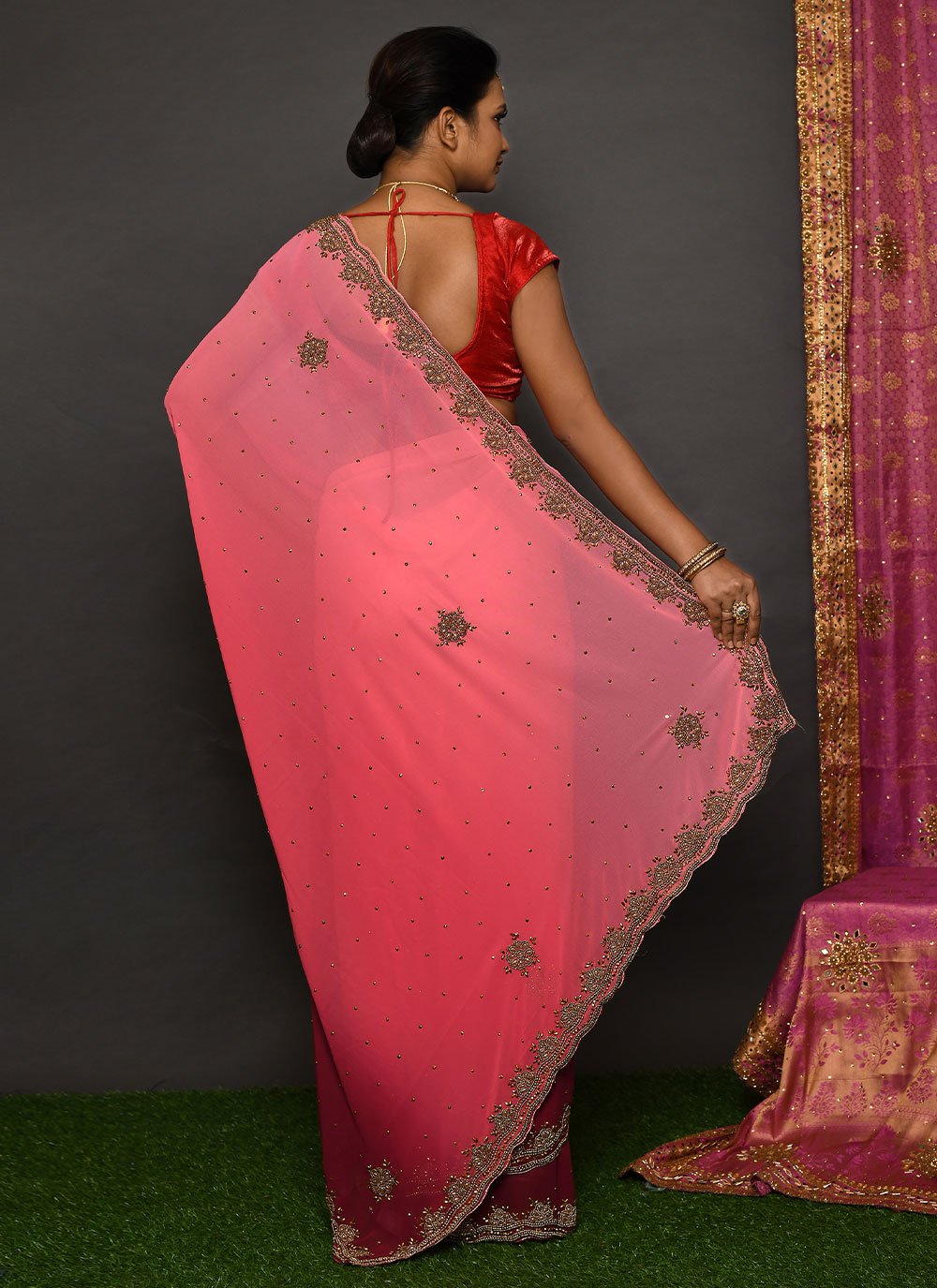 Classic Georgette Pink Hand Work Saree