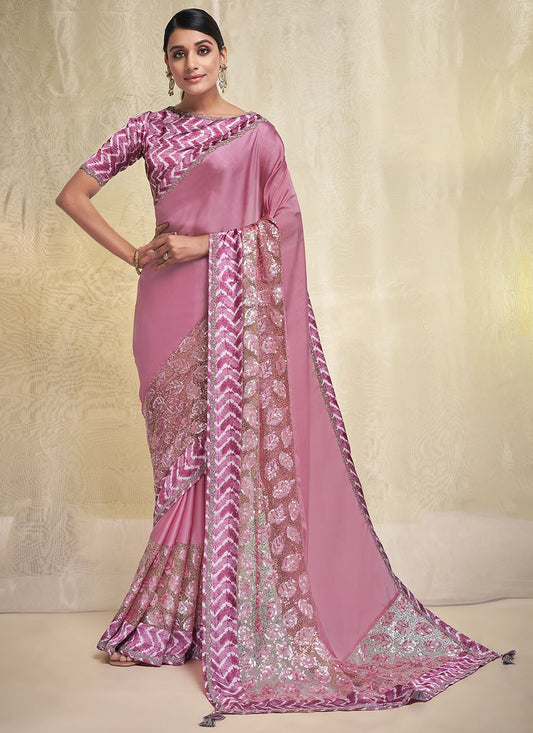 Classic Crepe Silk Georgette Pink Embroidered Saree