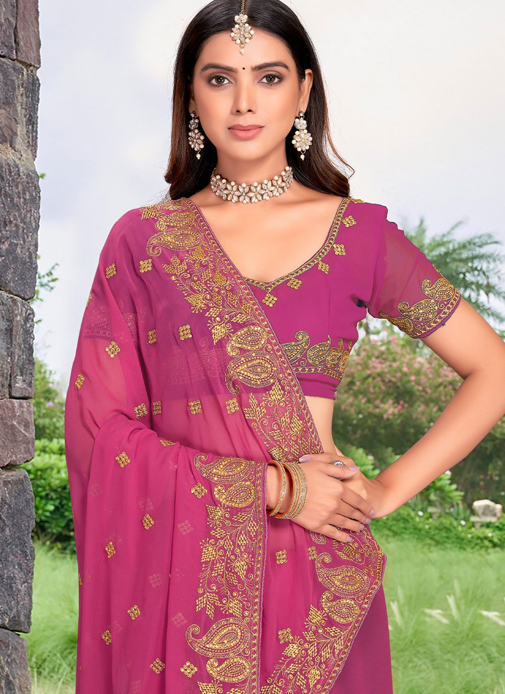 Designer Georgette Pink Embroidered Saree