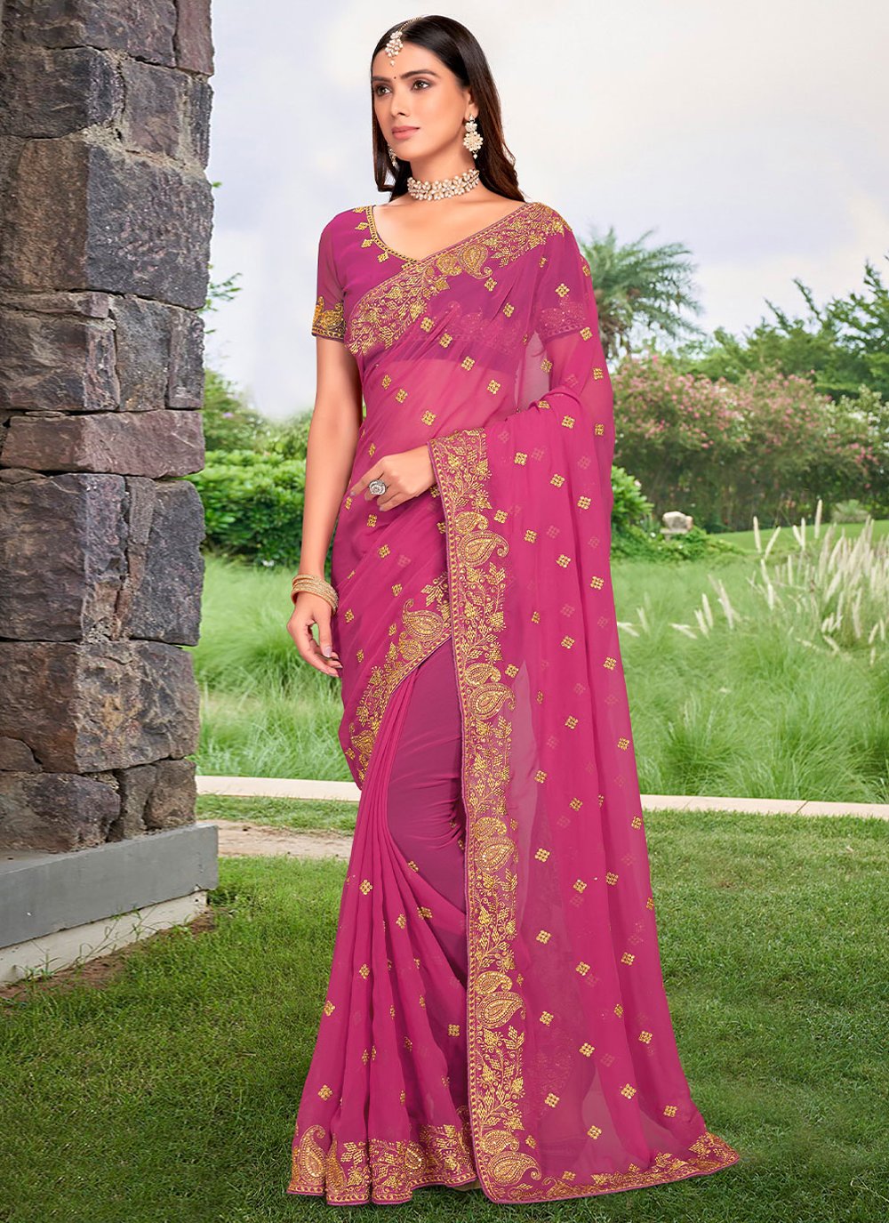 Designer Georgette Pink Embroidered Saree