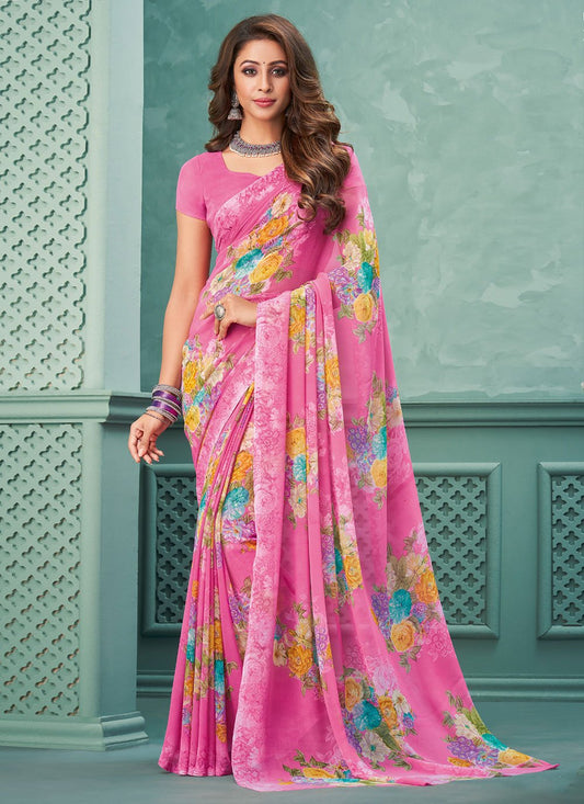 Contemporary Georgette Pink Floral Patch Saree