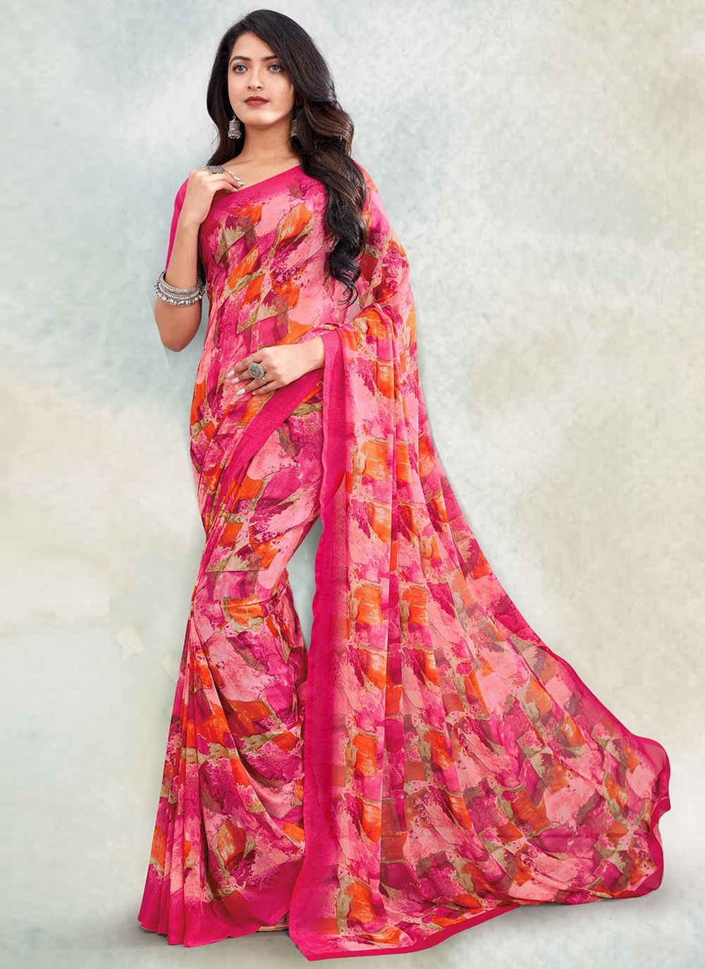 Classic Georgette Pink Print Saree