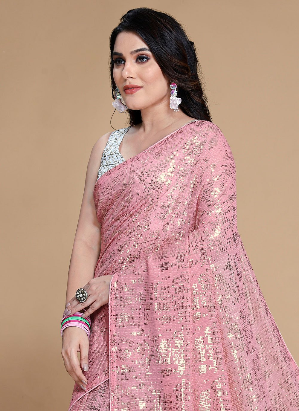 Trendy Saree Georgette Pink Sequins Saree