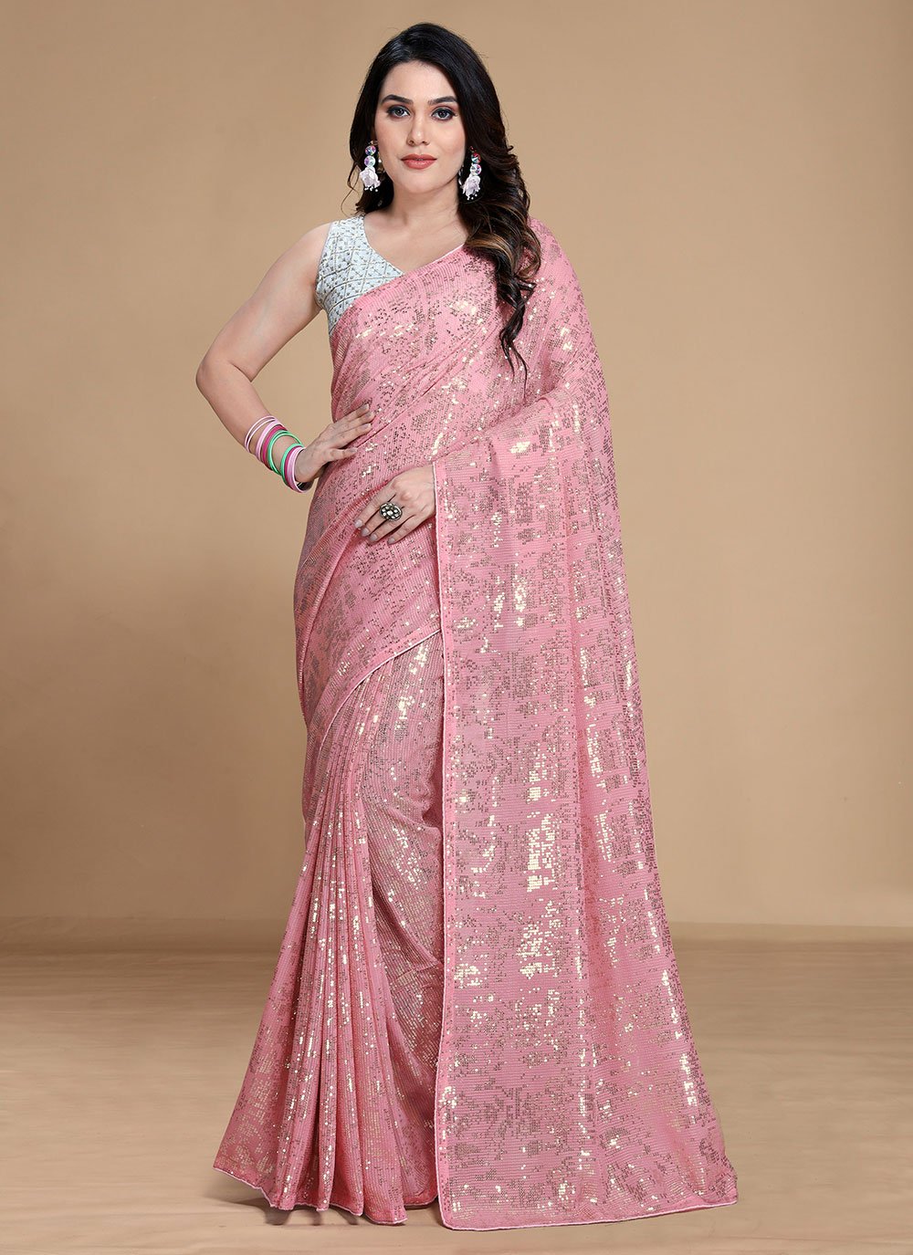 Trendy Saree Georgette Pink Sequins Saree