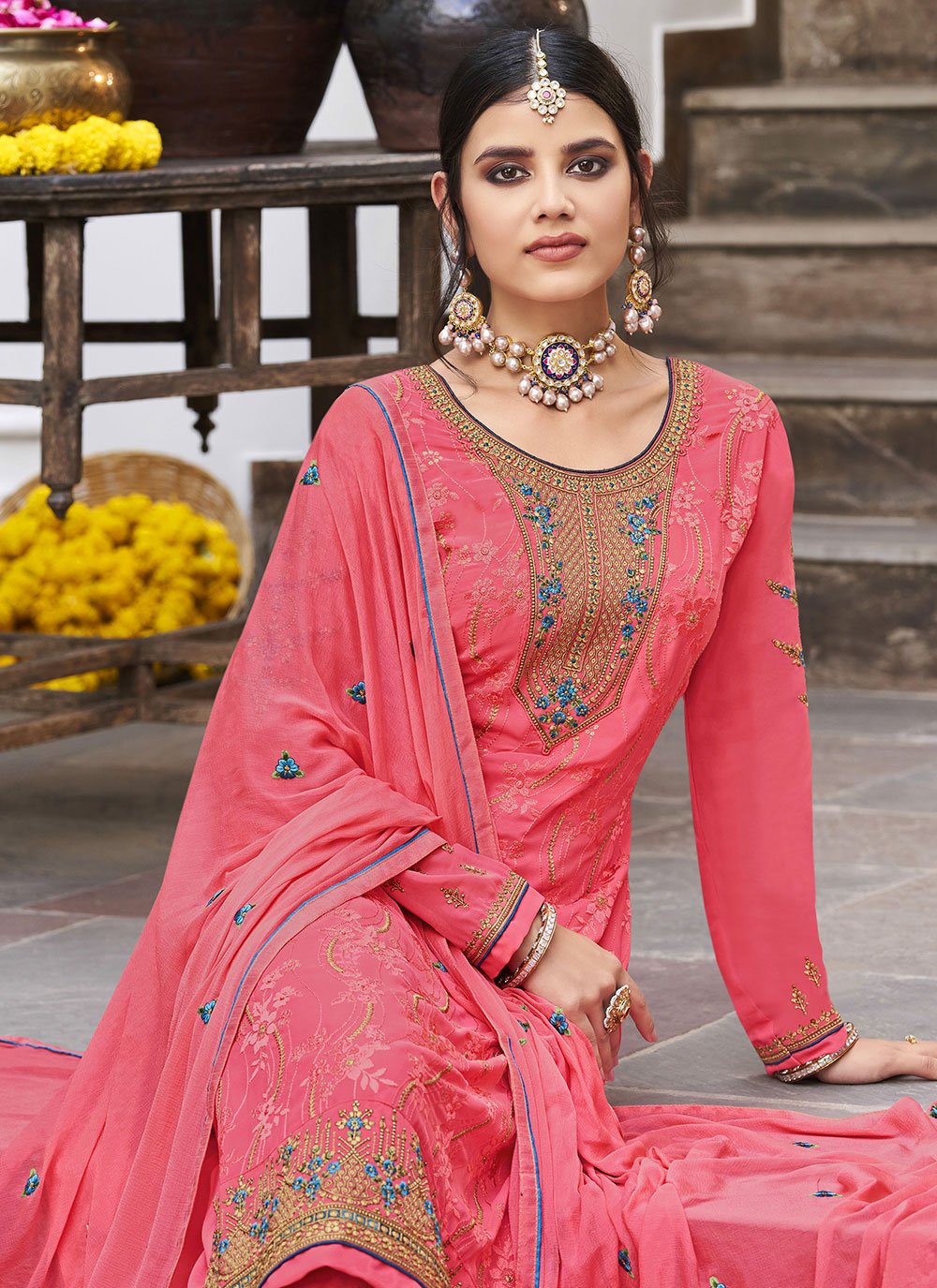 Palazzo Salwar Suit Georgette Pink Embroidered Salwar Kameez