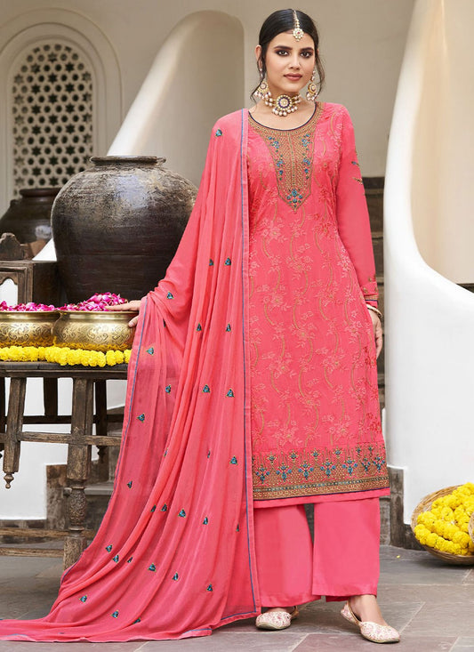 Palazzo Salwar Suit Georgette Pink Embroidered Salwar Kameez