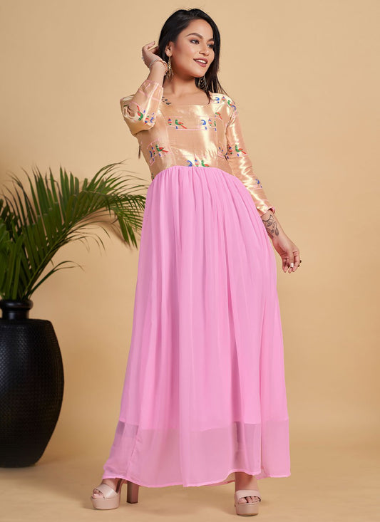 Gown Georgette Pink Woven Gown