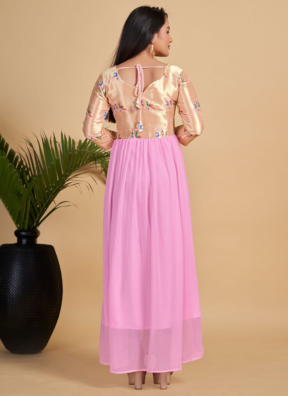 Gown Georgette Pink Woven Gown