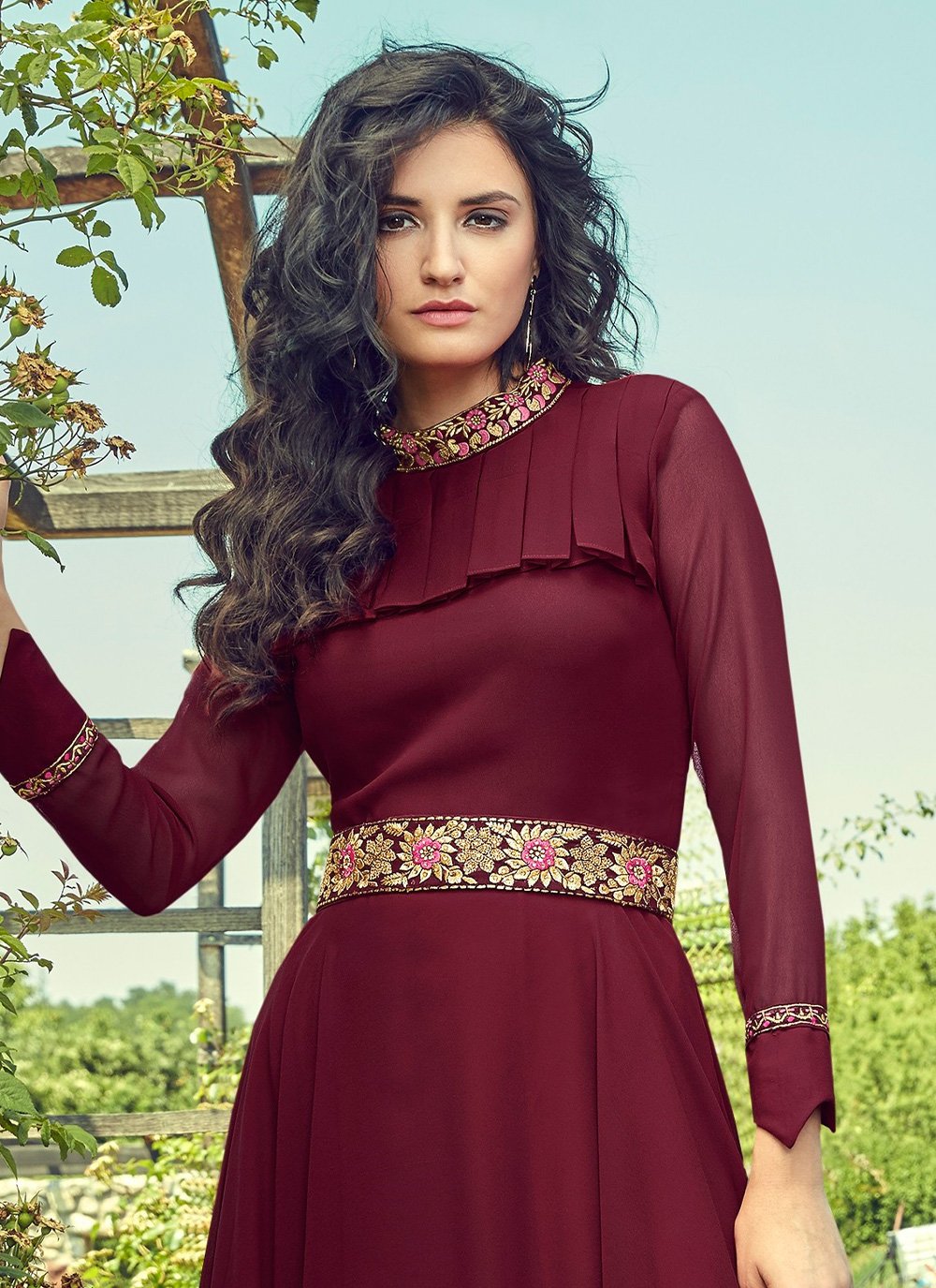 Gown Georgette Maroon Plain Gown