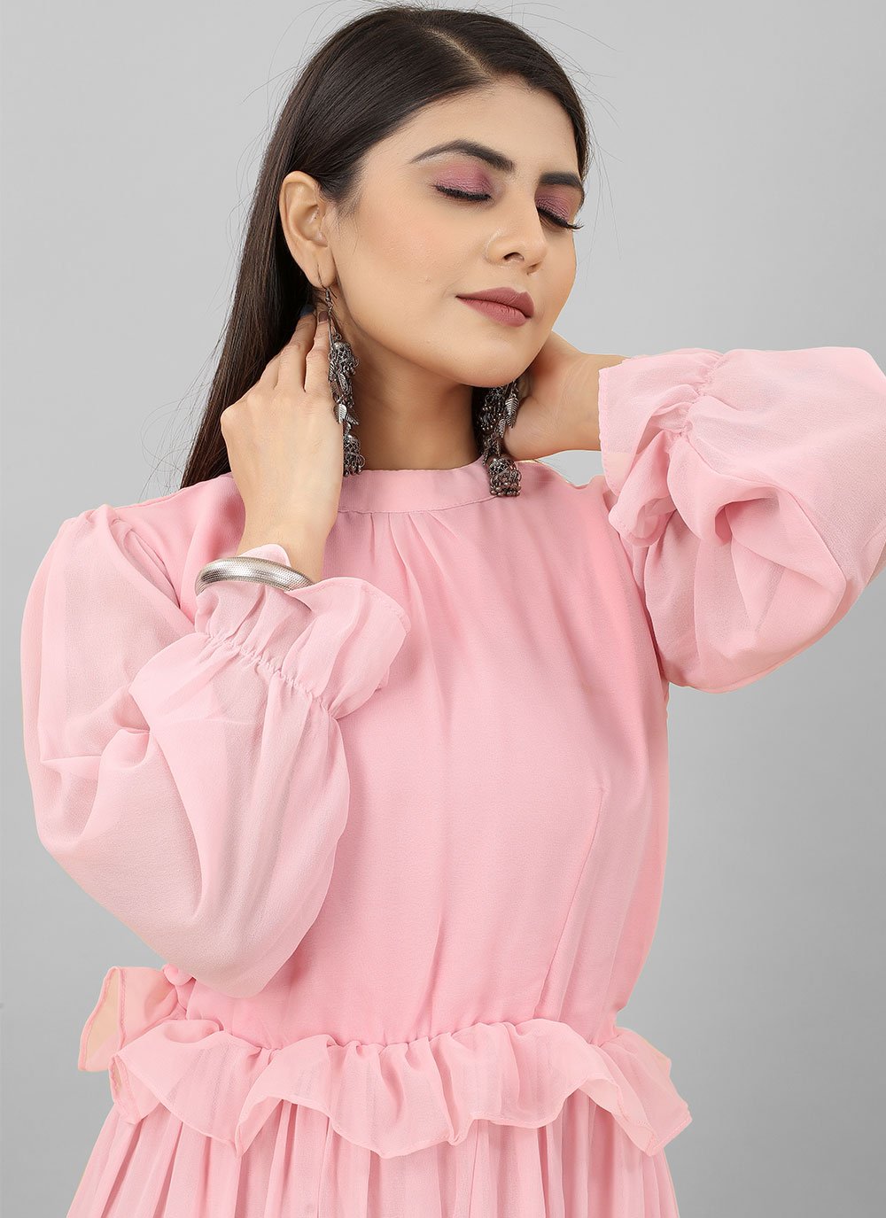 Gown Georgette Pink Plain Gown