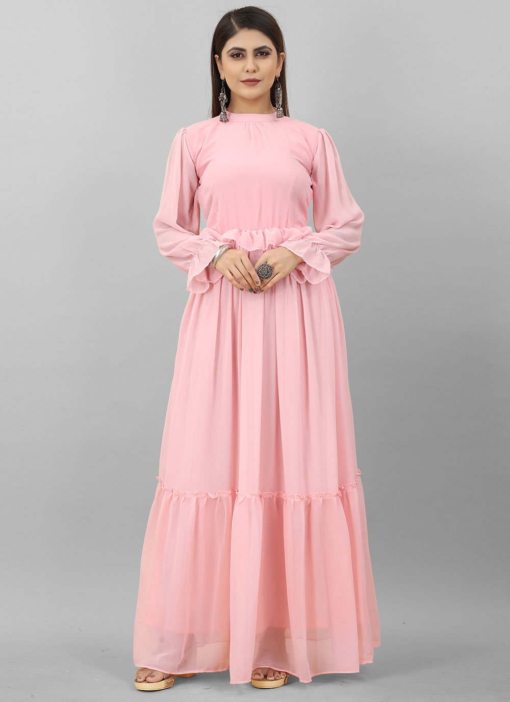 Gown Georgette Pink Plain Gown