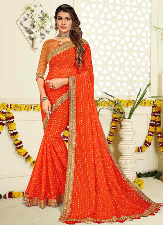 Classic Georgette Orange Patch Border Saree